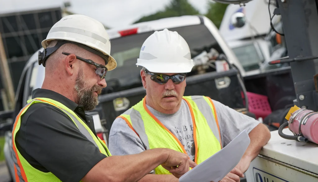 Workers in hard-hats going over plans